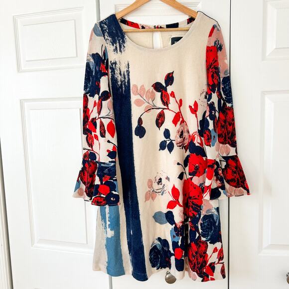 Maeve Anthropologie Knit Floral Bell Sleeve Swing Dress Large Multicolor - Picture 2 of 7